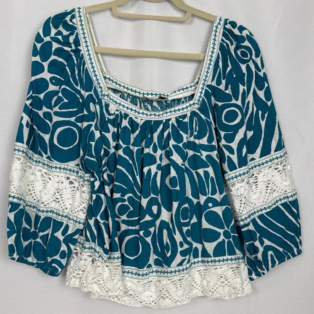 Rachel Zoe Womens Abstract Print Peasant Blouse Size Large Teal Boho Romantic